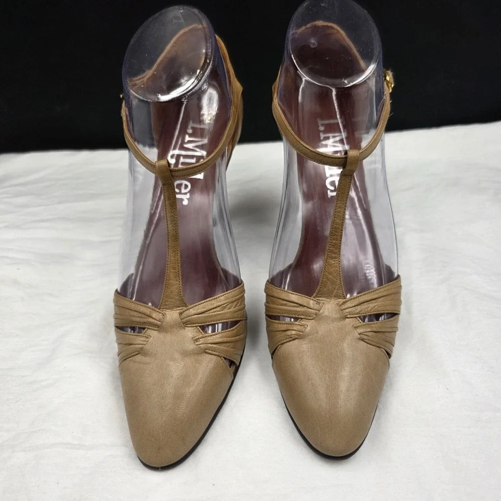 VTG I Miller Taupe‎ Leather T-Strap Heels Size 8 AA Narrow 3.5